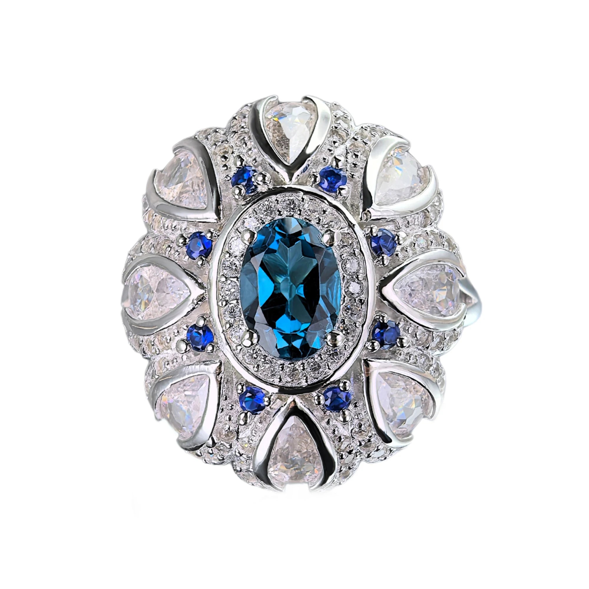 Noble Rhodium Plated 925 Silver Jewelry  Natural London Blue Topaz Ring for Women Fine Rings