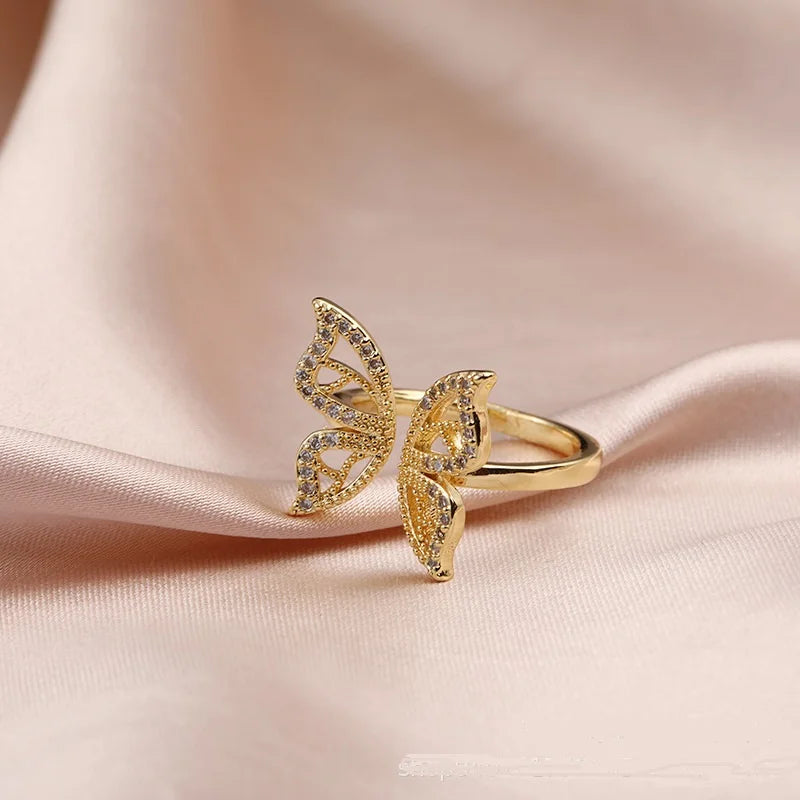 Luxury Gold Plated Cz Cubic Zirconia Butterfly Rings Bling Rhinestone Crystal Butterfly Open Ring For Women