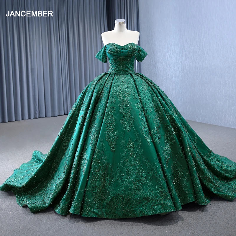2024 Green Quinceanera Dresses Off the Shoulder 3D Appliques Pearl Glitter Prom Dress RSM231147