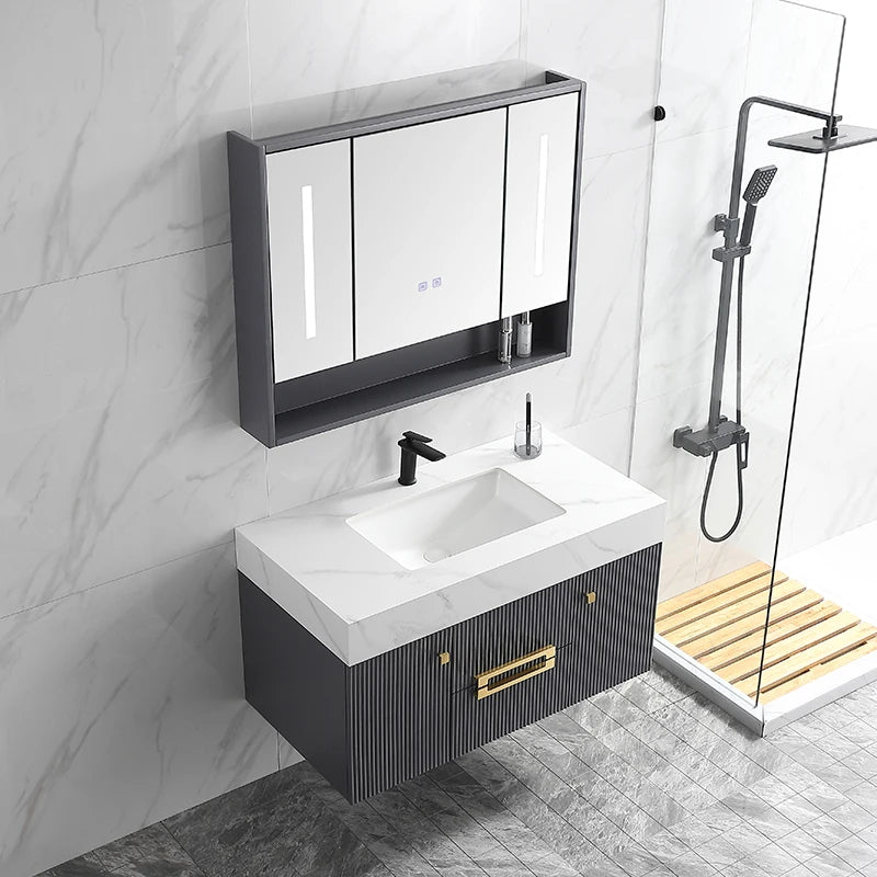 Elegant Curved Design Bathroom Cabinets Turkey Luxury White Color Marble Wash Basin With Wall Hung Intelligent Mirror