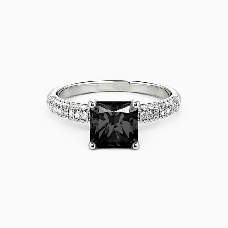 SGARIT Moissanite Jewelry Asscher Cut Moissanite Ring GRA Certified 14K White Gold 1CT Triple Row Pave Black Moissanite Ring