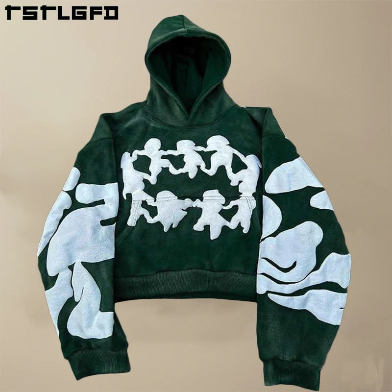 Streetwear French Terry Cropped Pullover Thick Heavyweight Cotton Oversized Boxy Hoodie Men Custom 3D Puff Print Hoodies