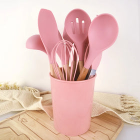 Hot Selling 12-Piece Non-Stick Silicone Kitchen Cooking Utensils Set Wood Handle Includes Slotted Spatula Spoon Turner Ladle