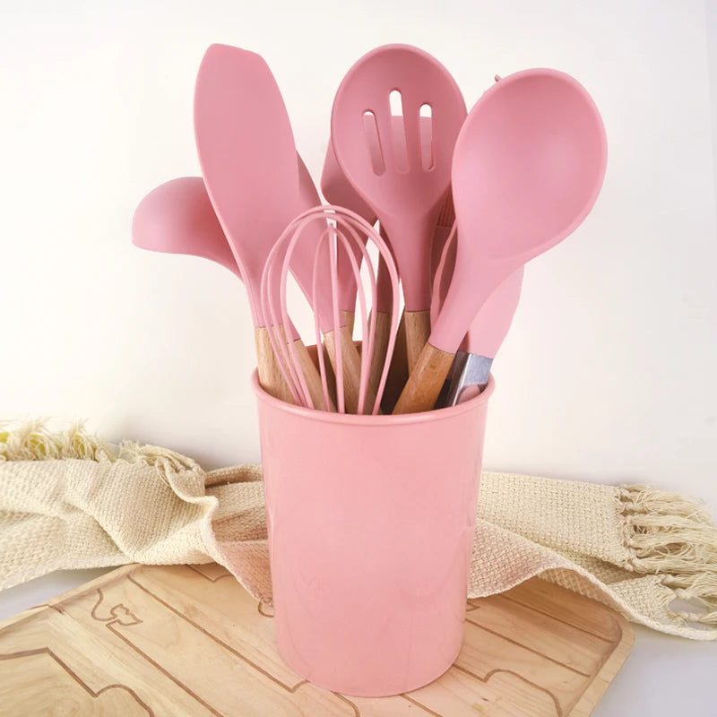 Hot Selling 12-Piece Non-Stick Silicone Kitchen Cooking Utensils Set Wood Handle Includes Slotted Spatula Spoon Turner Ladle