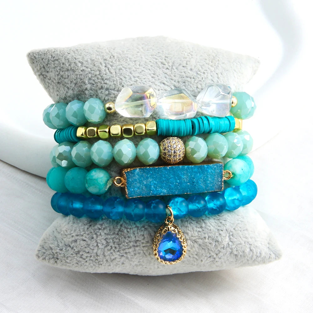 New Fashion Blue Bohemian Christmas Jewelry Natural Stone Glass Beads Elastic Bracelet Druzy 5pcs Stack Bracelet Set