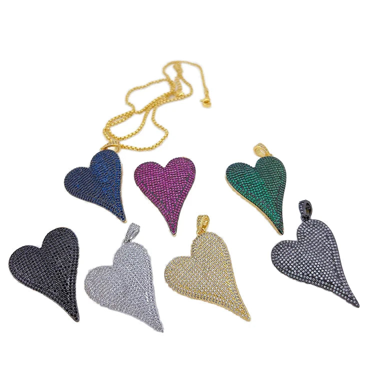 CZ8505 Large Big 18k Gold CZ Micro Pave Jewelry Supplies18k Gold CZ Paved Jumbo Elongated Oblique Love Heart Charm Pendants