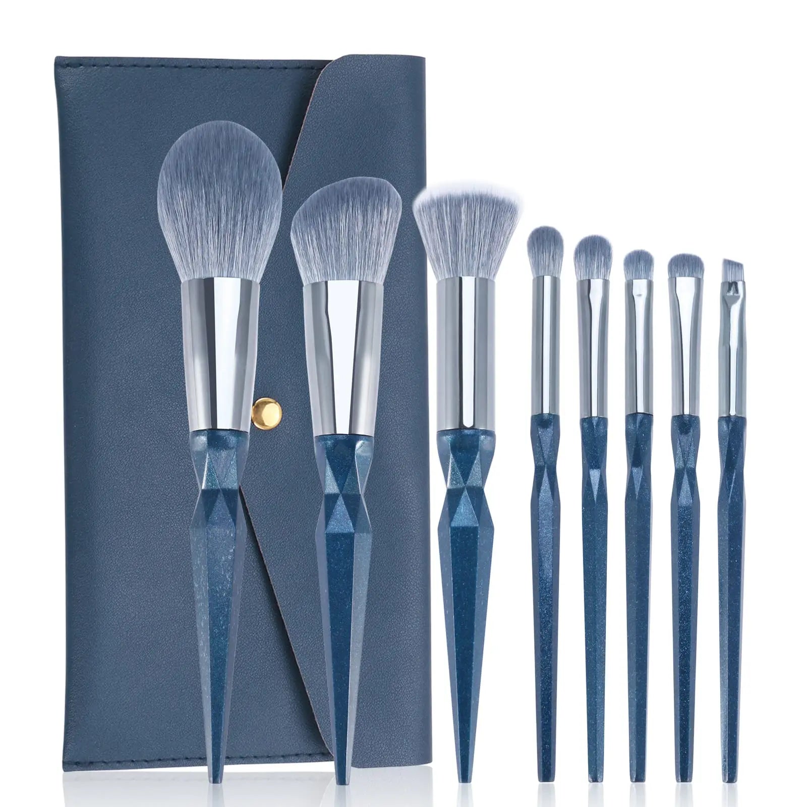 7 Pcs Sapphire Blue Customizable Beginner Makeup Brush Set with Blending Sponge Lip Blush & Eyeshadow Brushes Synthetic Fiber