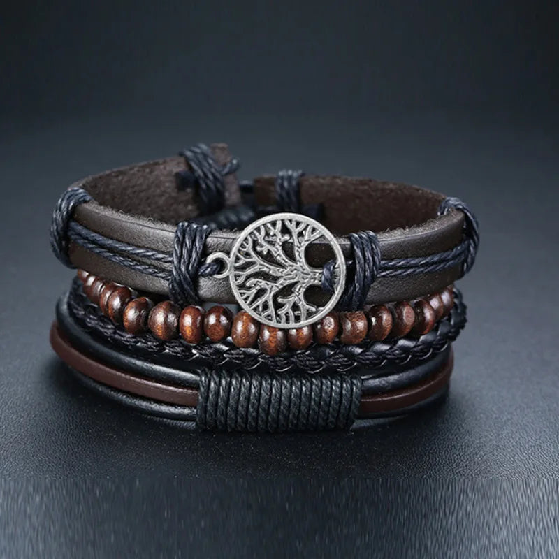 HOVANCI Men Vintage 4Pcs/ Set Braided Wrap Leather Bracelets Wristbands Wood Beads Life of Tree Charm Bracelet for Girls