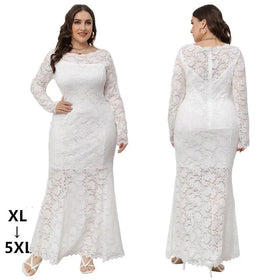 Vestidos Elegantes Womens Maxi Floral Hollow Lace Long Sleeve Wedding Party Plus Size Luxurious Prom Gown Fishtail Evening Dress