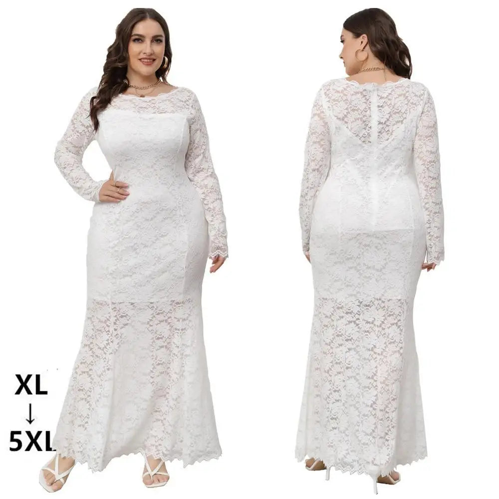 Vestidos Elegantes Womens Maxi Floral Hollow Lace Long Sleeve Wedding Party Plus Size Luxurious Prom Gown Fishtail Evening Dress