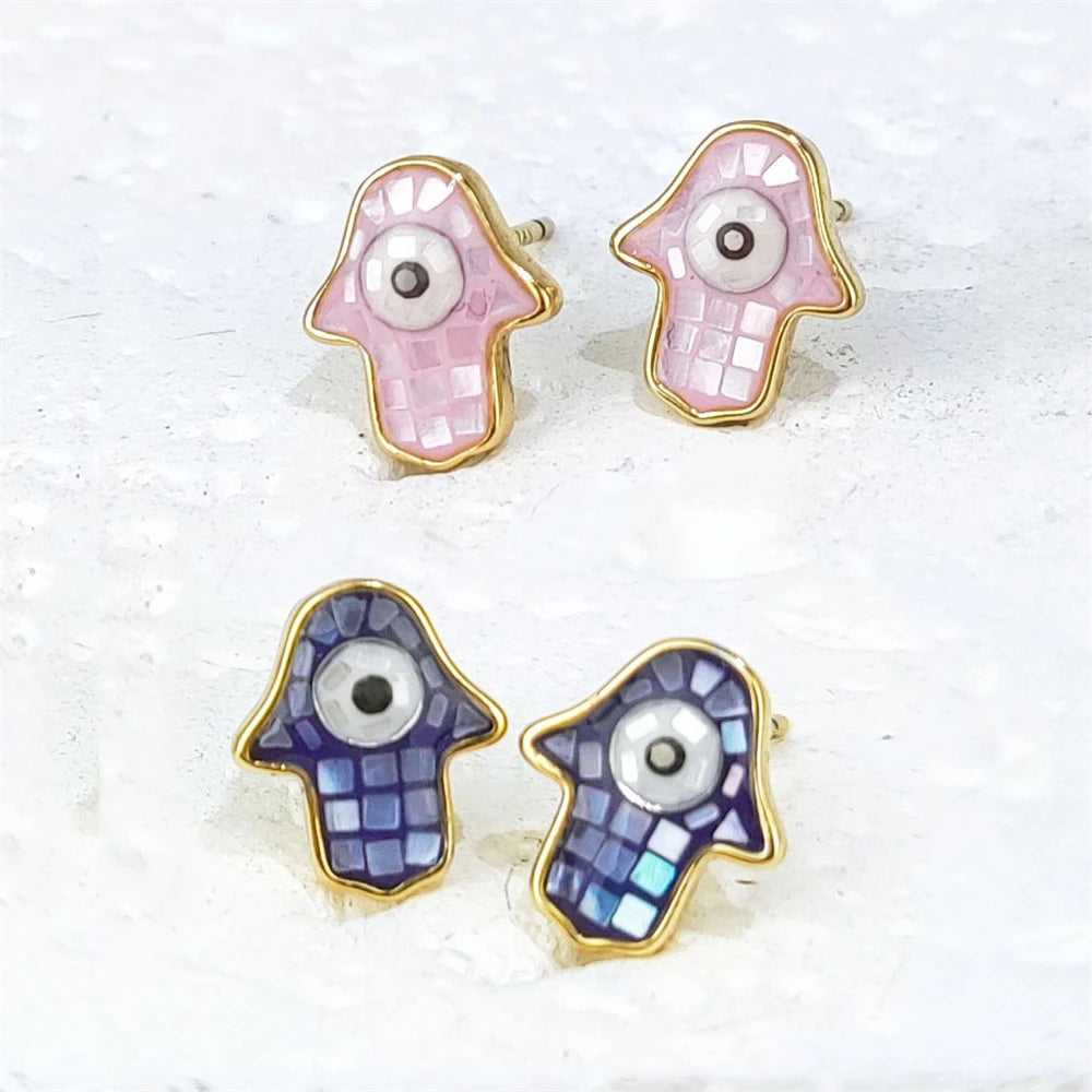 Factory Direct Sale S925 Sterling Silver Studs Earrings Colorful Enamel Eye Hamsa Hand Fatima Palm Natural Seashell for Women