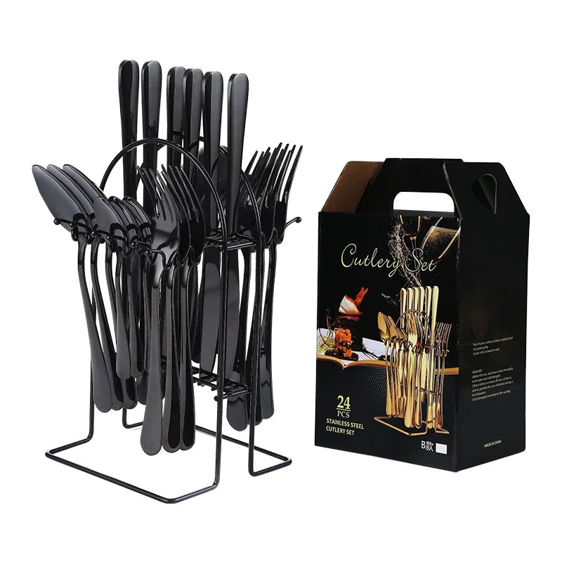 Lazada Hanging Besteck Spoon Knife Fork Set 24pcs Cutlery Flatware Set With Stand Luxury Stainless Steel Tableware