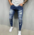 Streetwear Style Men's Distressed Destroyed Slim Trousers Ripped Art Patches Denim Skinny Biker Pencil Blue Pants Jeans