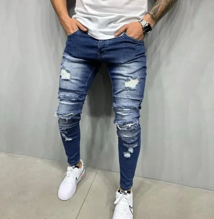 Streetwear Style Men's Distressed Destroyed Slim Trousers Ripped Art Patches Denim Skinny Biker Pencil Blue Pants Jeans