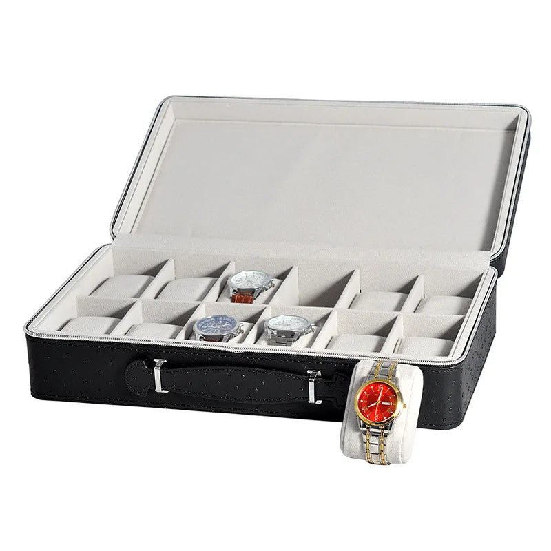 High End 12 Grid Black PU Leather Watch Storage Box Case Travel Organizer With Handle