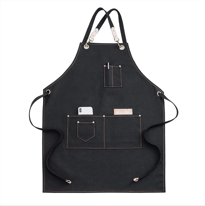Wholesale Thickened Canvas BIB Antifouling Barista Kitchen Restaurant Barber Durable Pocket Adjustable Apron Custom Logo