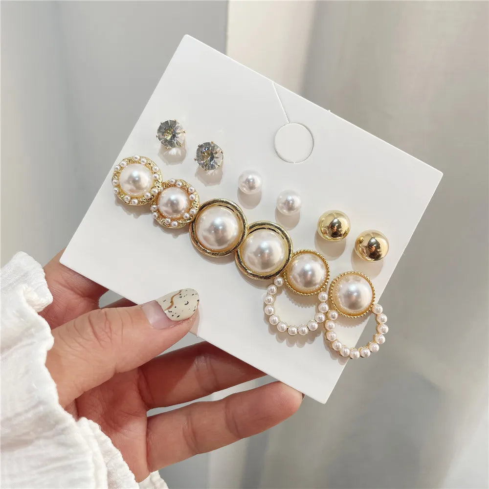FanYue 2022 Ins Hot Sale Jewelry Elegant Pearl Flower Rhinestone Simple 6 Pairs One Card Earring Set for Women