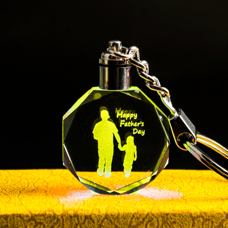 Pujiang Wholesale Blank Crystal Keychains Customized 3D Laser Engraved Crystal Glass LED Keychain for Father's Day