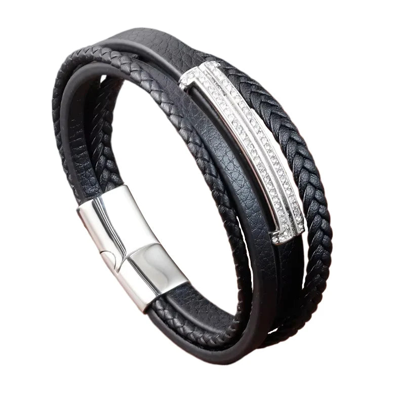 Hand Woven Metal and Leather Bracelet with Magnetic Buckle Simple Classics Jewellery Accessories Woven Leather Rope Design