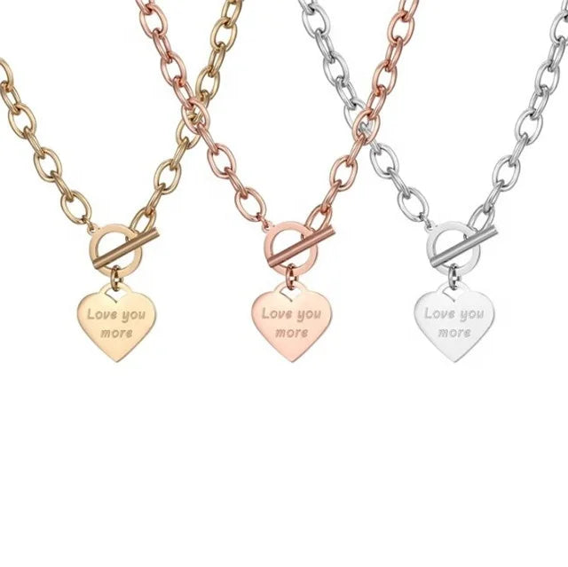 Yiwu Aceon Stainless Steel Lairat Design Toggle Washer Chunky Link Chain Love You More  Heart Stamped Charm Necklace