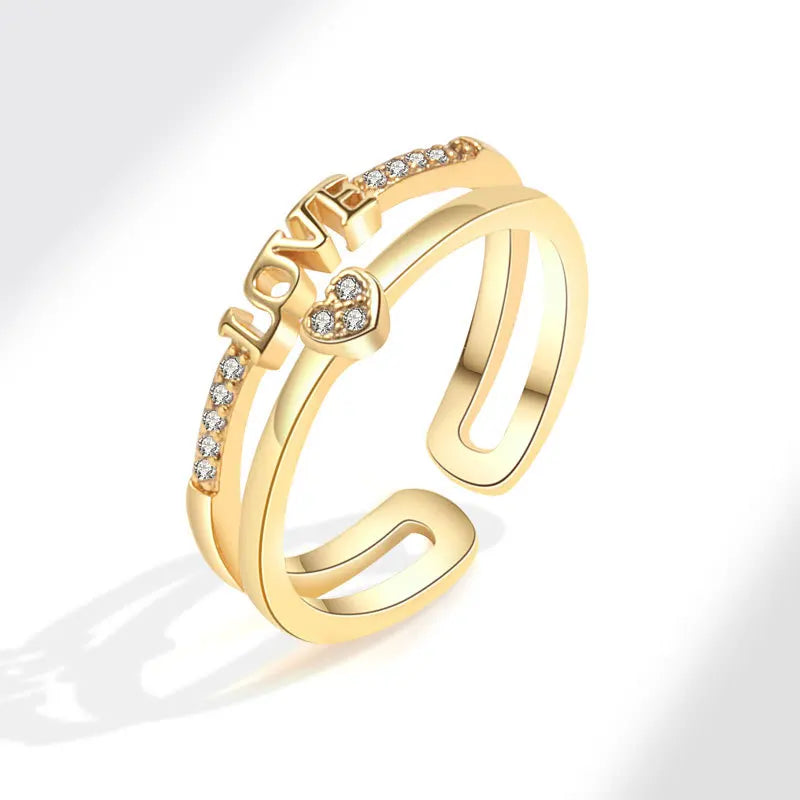 Double Layered Luxury Gold Plated Full Zircon Heart Adjustable Ring Diamond Inlaid Opening Layers Index Rings for Women Jewelry