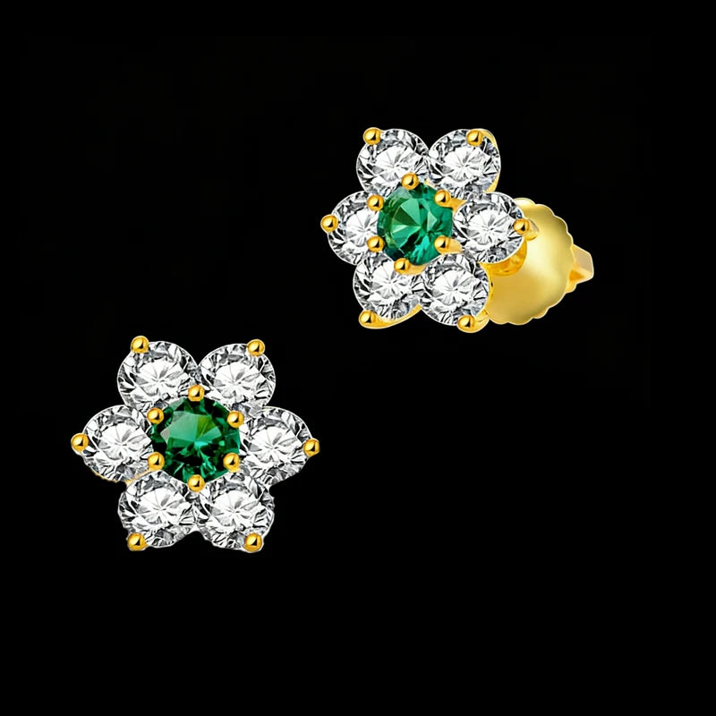 Trendy Women's Jewelry Floral 925 Silver Stud Earrings with Emerald Accent