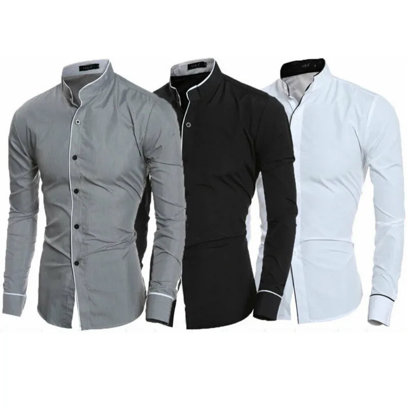 Spring Men Stand Collar Shirt Casual Slim Pure Colors Solid Fit Business Shirts for Male British Style Office Man Top