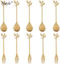 10Pcs Stainless Steel Gold Leaf Coffee Spoon Appetizer Fork Creative Tableware Dessert Spoons Fork Set for Fruit Cake HS140