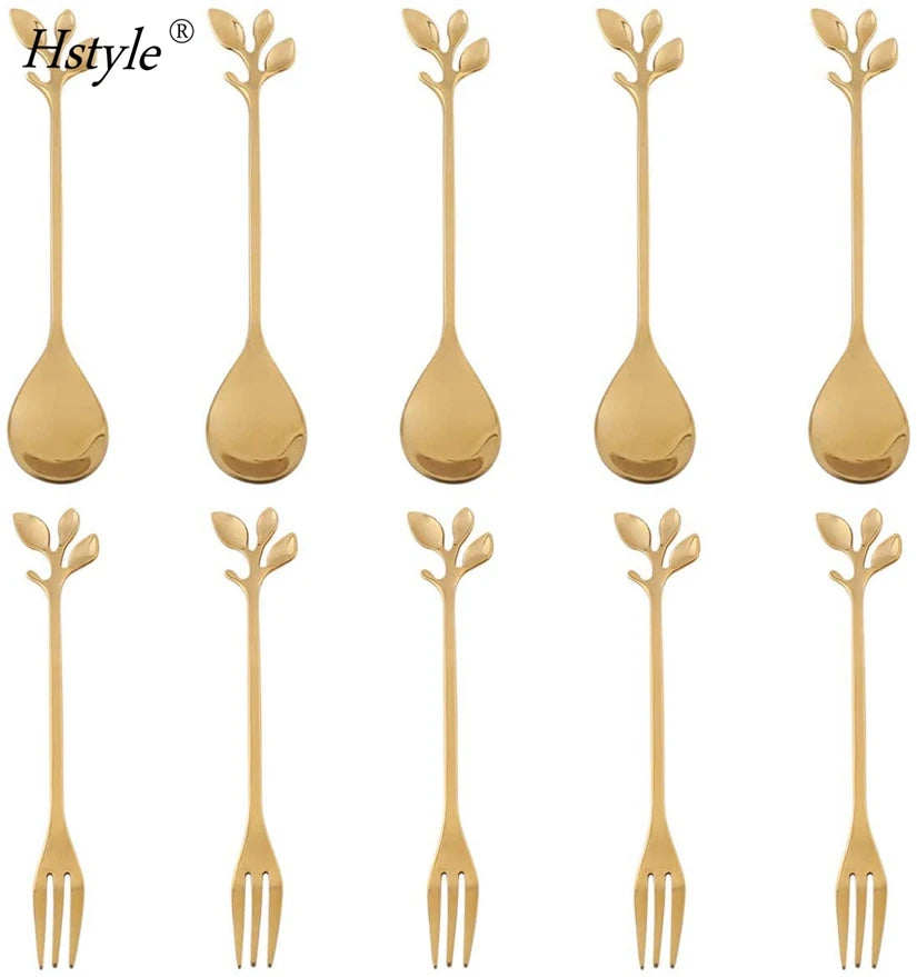 10Pcs Stainless Steel Gold Leaf Coffee Spoon Appetizer Fork Creative Tableware Dessert Spoons Fork Set for Fruit Cake HS140