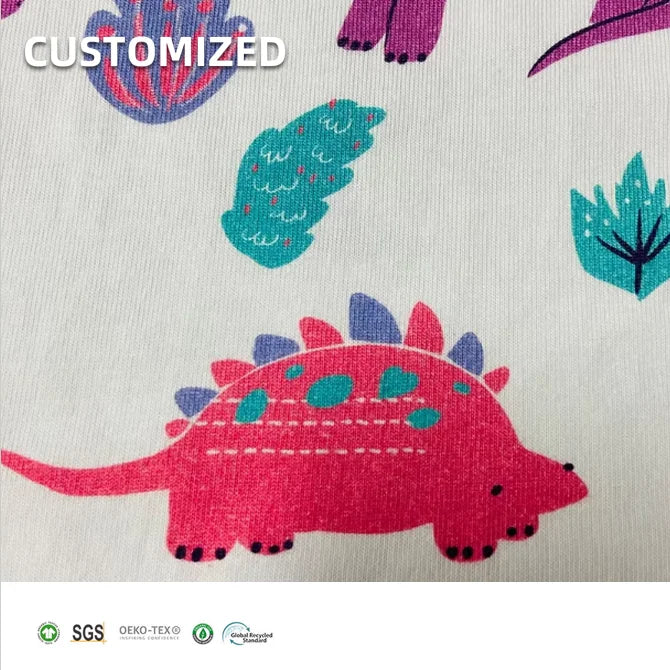 GOTS Certificated Dinosaur Design Single Jersey Organic 100% Cotton Fabric Print for Kids Pyjama