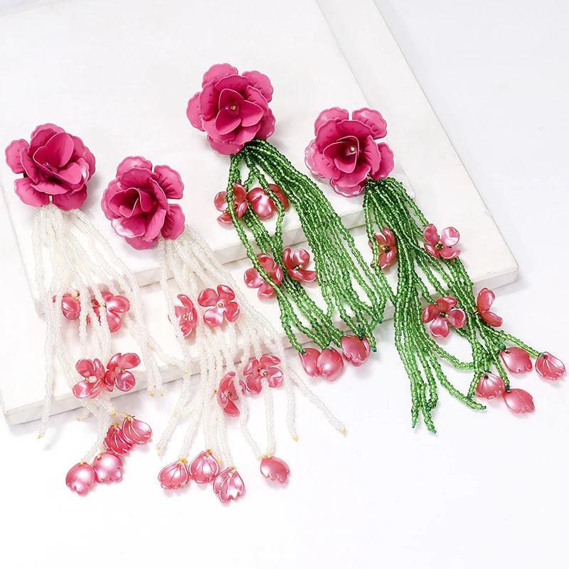 2023 New Arrival Fashion Jewelry Handmade Tassel Rice Earrings Bohemian Beaded Retro Multi-Layer Long Colour Flower Earrings