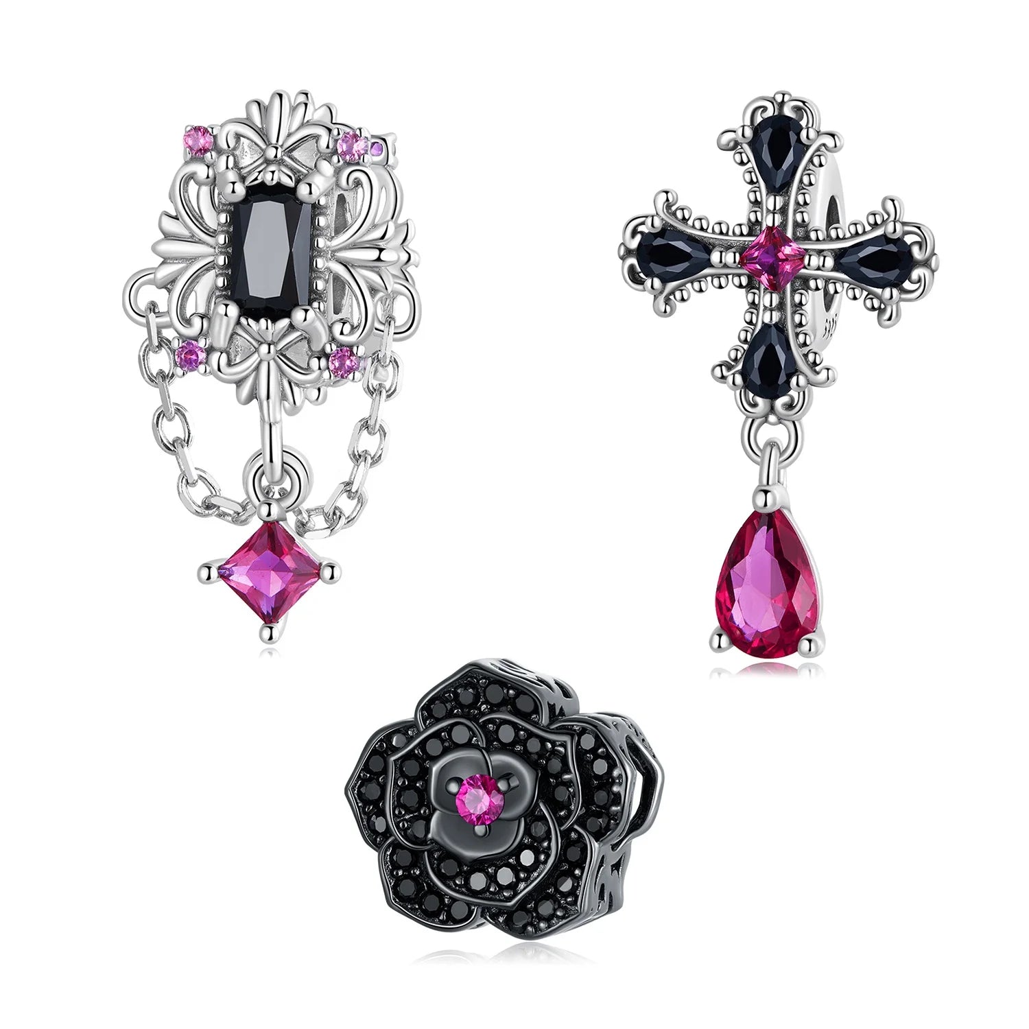 Factory Wholesale 925 Sterling Silver Vintage Gothic Cross Charms Black Rose Flower Beads Fit Women Bracelet Bangle Jewelry