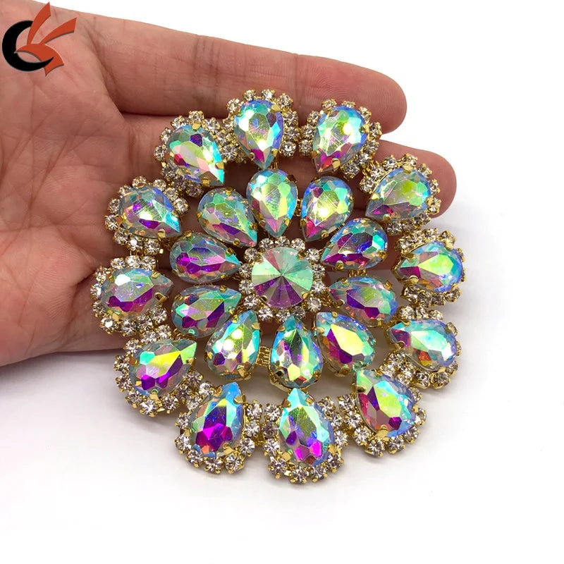 Handmade Sparkling Gold AB Crystals Glass Gems Rhinestone Patch Appliques Sew-On Resin for Costume Decoration