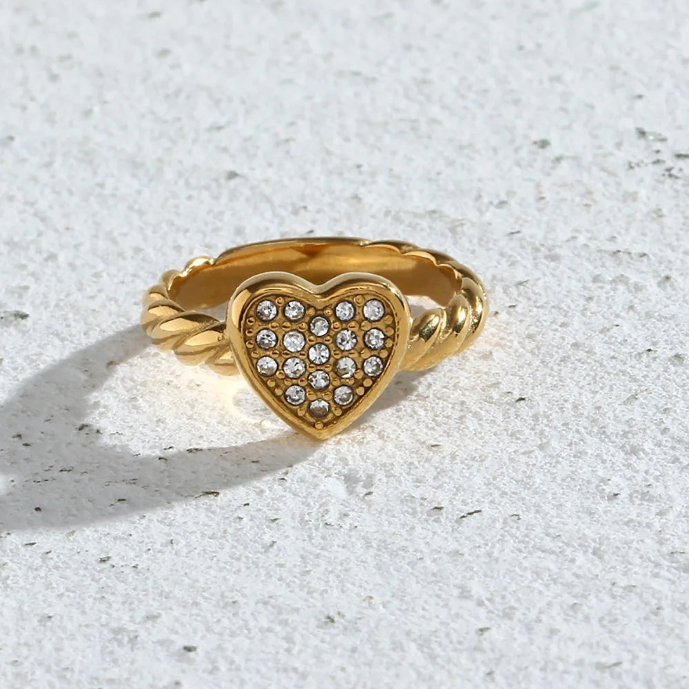 Twisted Heart Shape Gold Plated Rings Zircon Stainless Steel Ring Jewelry for Women