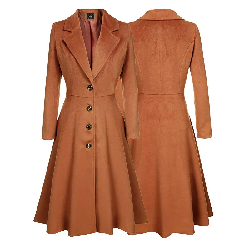 Autumn and Winter New Women's Long Style Coat Fashion Women Lady Lapel V-neck Button Casual Long Sleeve Windbreaker Jacket
