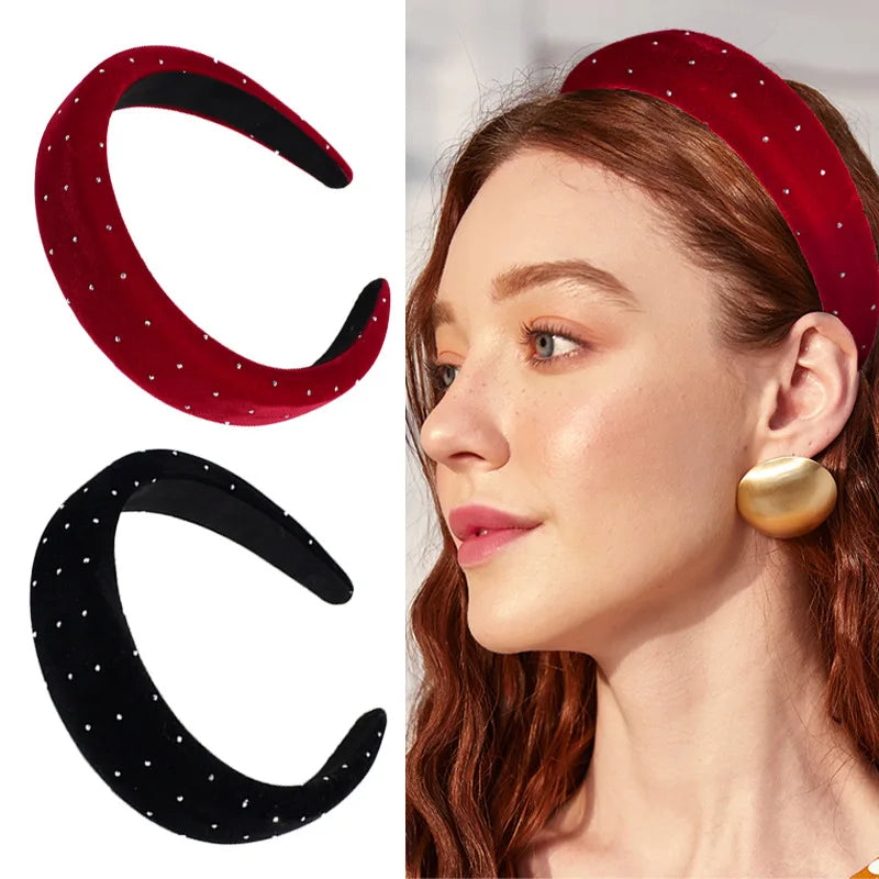 Hot Selling Solid Color Sponge Hair Hoop Velvet Surface Soft Headband Inlay Rhinestone Hair Accessories WoMEN