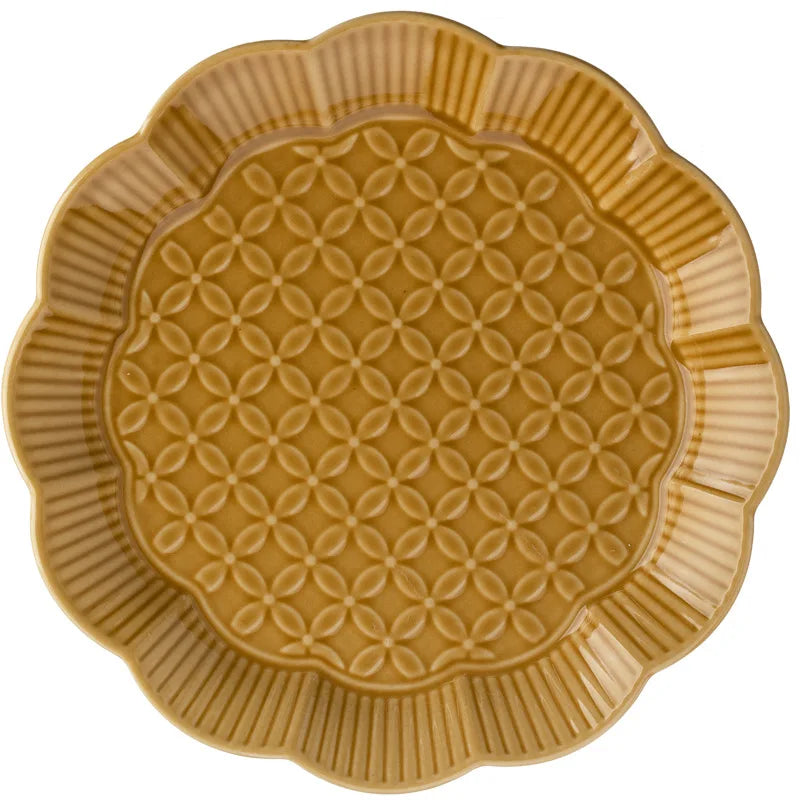 Yellow Embossed Ceramic Plate Retro Flower Shape Household Tableware