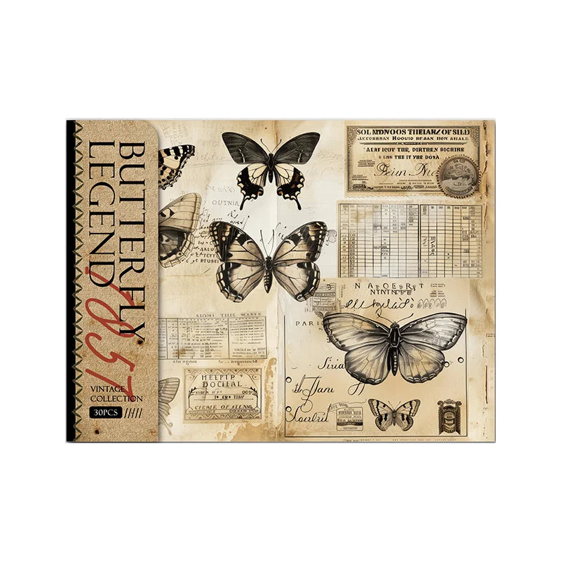 30pcs Per Pack Retro Collection 1857 Series American Vintage butterfly Handbook Material Paper Decoration Collage