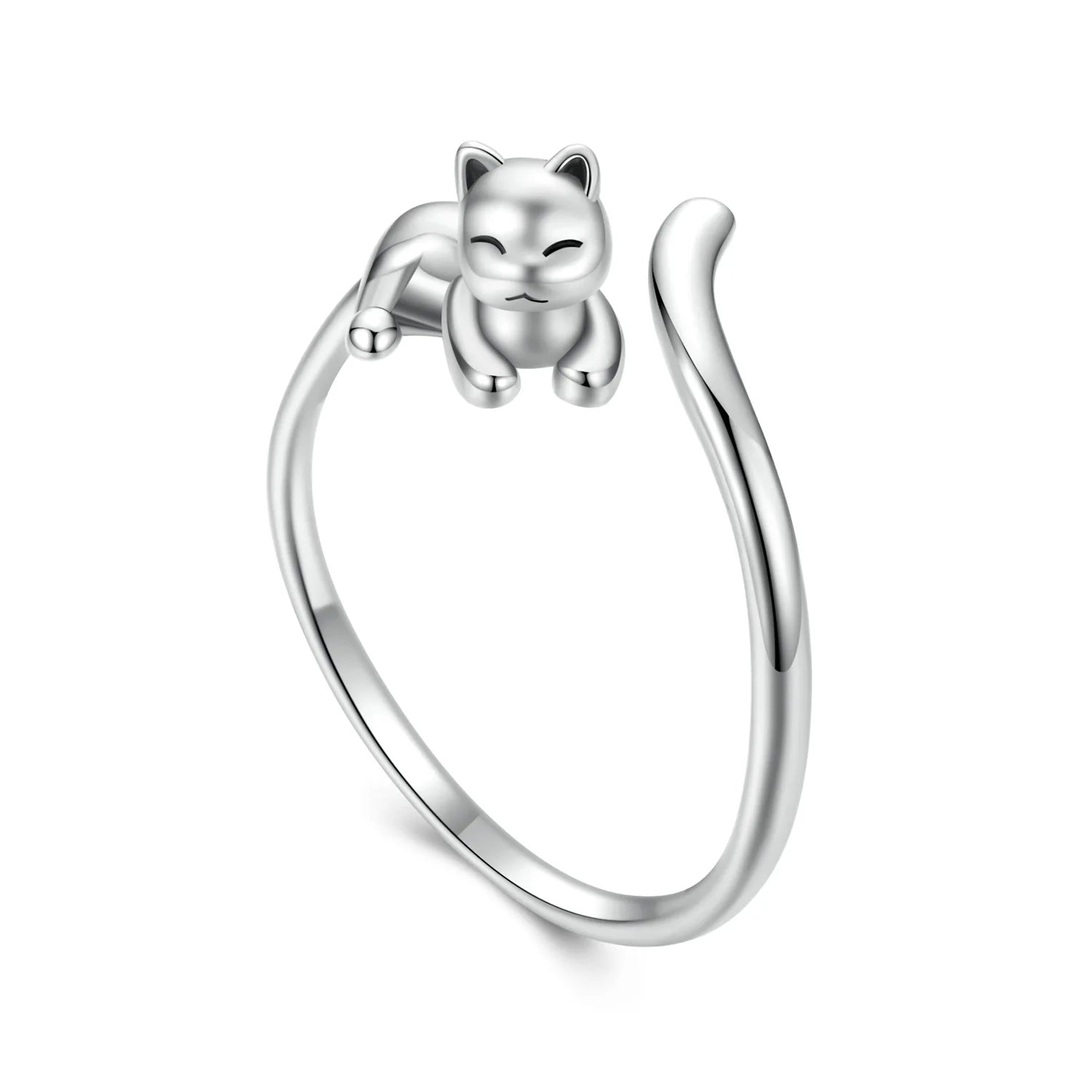 Solid 925 Sterling Silver Cute Cat Adjustable Rings Lovely Cats Animals Open Ring Jewelry for Women SCR1116-E