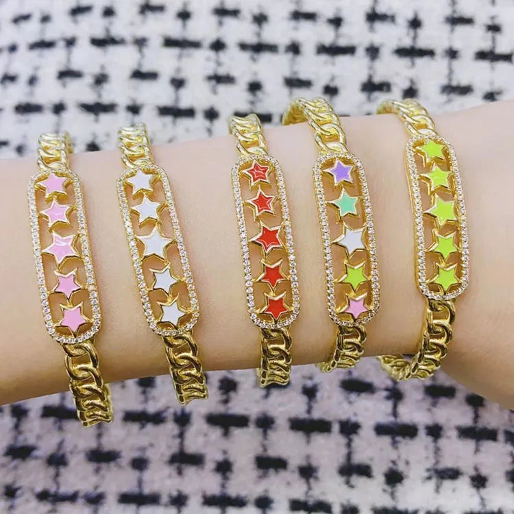 BC2053 18K Gold Plated Brass Bracelet CZ Micro Pave Enamel Multi Colored Star Hand Cuff Bangle Bracelet