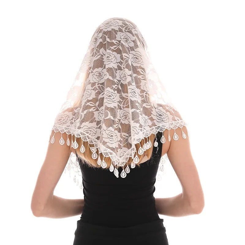 Hot Selling Triangle Scarf Women's White Spanish Mantilla Lace Catholic Veil Chapel Church Shawl  Head Covering Scarf