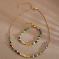 High Quality New Design Green and Purple Marble String Real Gold Plated Brass Square Necklace Bracelet Set