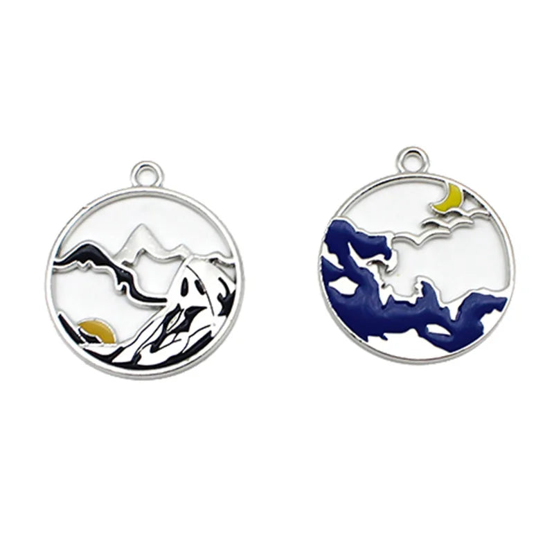 Enamel Moon Sun Mountain Sea Drop Earring Fashion Pendants Necklace Jewelry Making DIY Decoration Sliver Plated Alloy Ornament