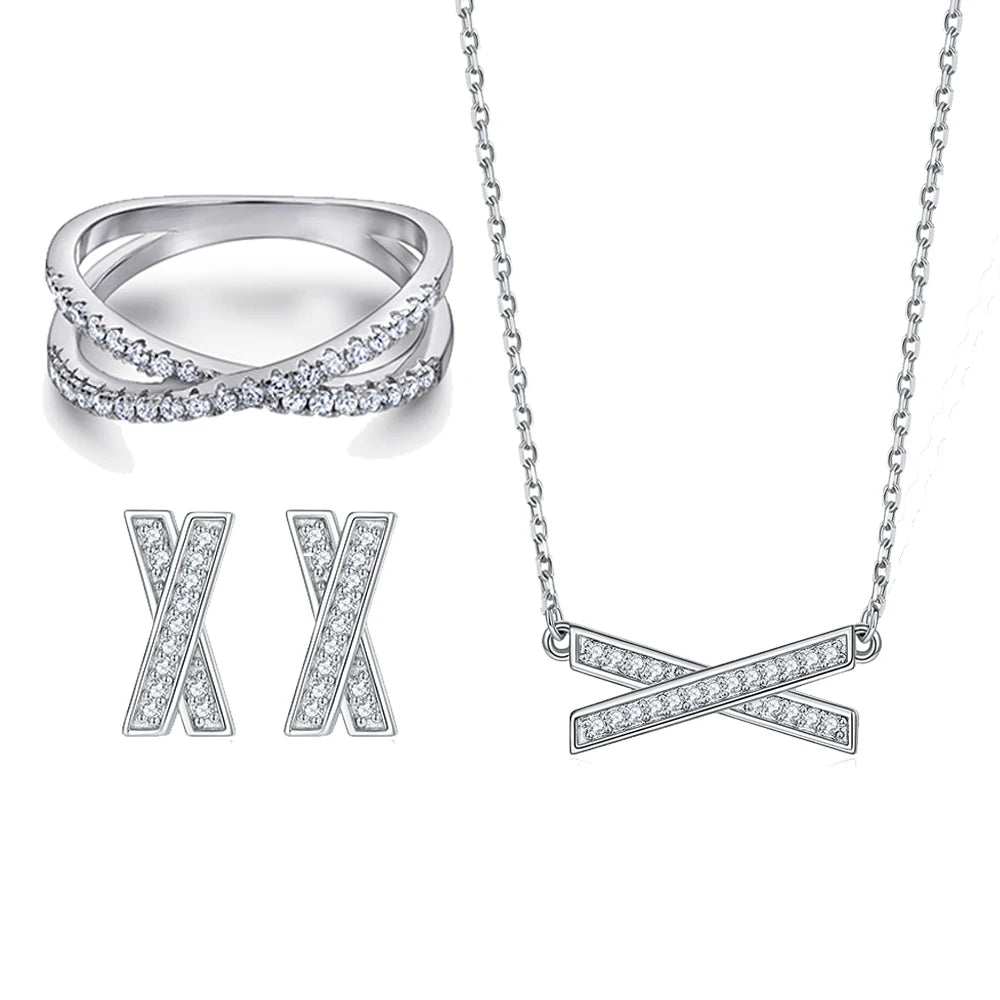 New Trendy High Quality Cubic Zirconia 925 Sterling Silver X Shape Women' s Fashion Jewelry Set