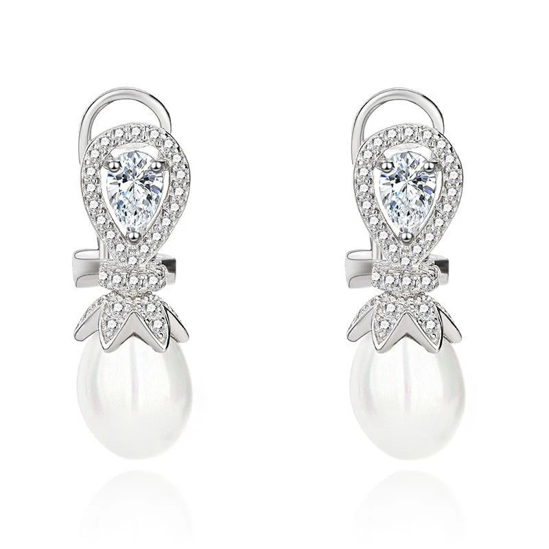 Fine Jewelry 925 Sterling Silver Water Drop Shaped Diamond Buckle Women Fashion Freshwater Pearl Earrings