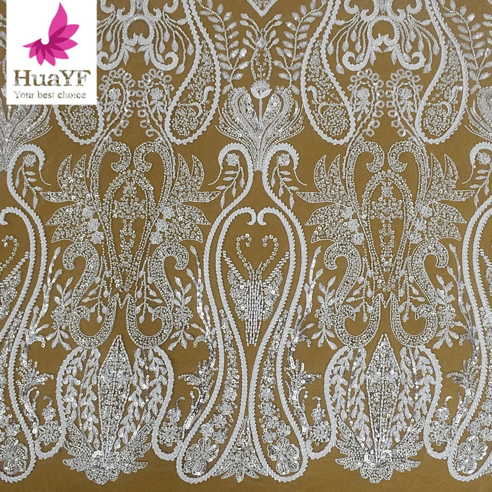 New Arrival White Bridal Mesh Beaded Wedding Gown Tulle Sequins Lace Peals Dress Fabric Wholesale Price HY2348-2