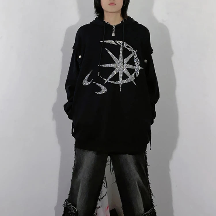 Hoodies Manufacturer Custom Heavyweight Oversize Rhinestone Hoodie American Style Detachable Sleeves Hoodies for Men