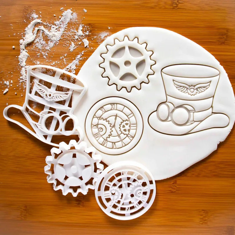 Saffron 3D Plastic Cookie Cutters with Cartoon Alice Hat Design Gearwheel Biscuits Mold for Baking and Decorative Purpose