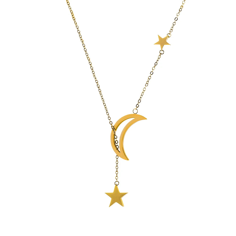18k Gold Plated Stainless Steel Moon Star Pendant Necklace for Women Trendy Link Chain Accessories Jewelry