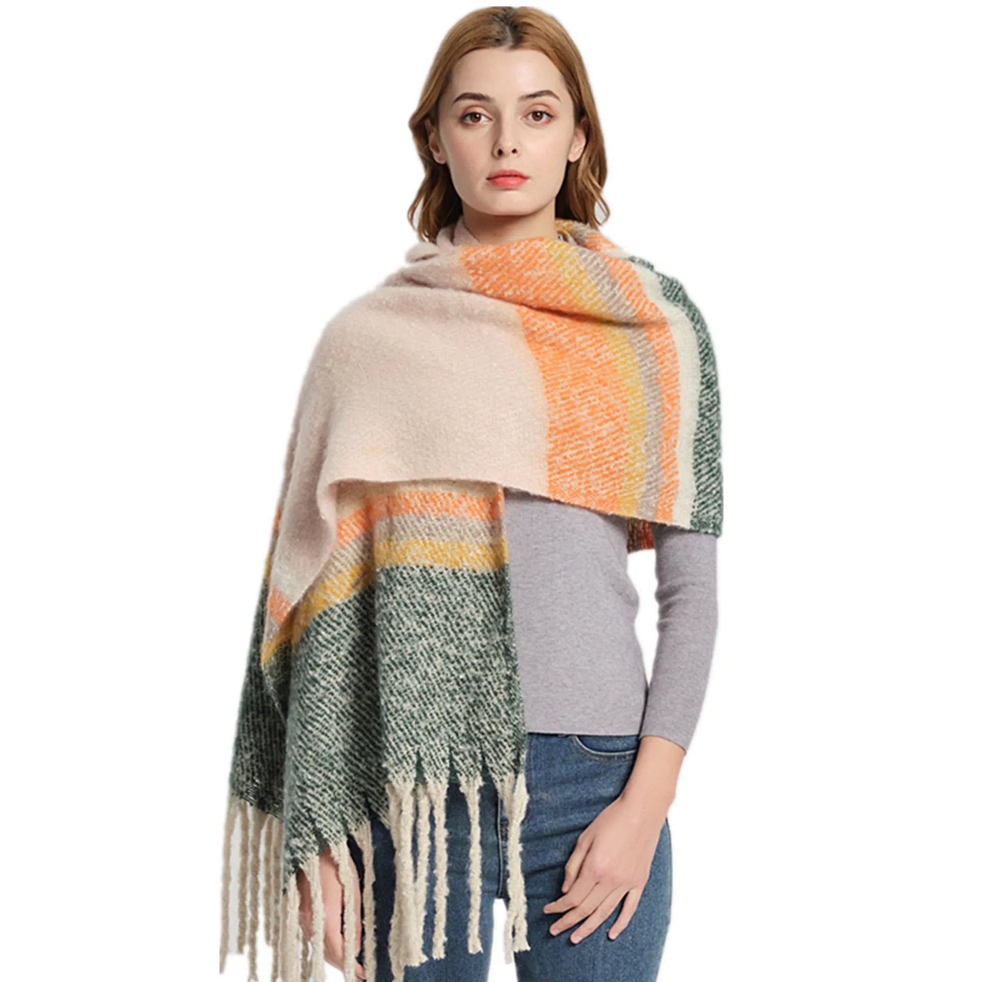 Winter Thick Warm Scarf Women Cashmere Feel Shawl Thickened Loop Yarn Thick Tassel Colorblock Scarf